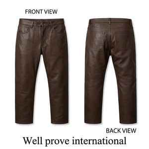 <b>Men's</b> Genuine <b>Leather</b> Pants Custom Embossed Logo Horizontal Knee Panel Quick Dry Breathable Anti-Wrinkle High Waist <b>Trousers</b> - Product Image 5