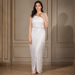 Luxury White One Shoulder Beaded Evening Gown for Women Fringe Mermaid Maxi Dress Formal Wedding Reception Party Prom Dress - Product Image 2