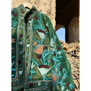Green Velvet Jacket Uzbek Suzani Embroidery Jacket <b>Coat</b> Handmade Winter Unisex Jacket With Two Side Pockets - Product Image 2