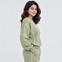 Sweat-shirt à col rond vert sauge pour femme, best-seller, épaules tombantes, manches longues, passepoil contrastant, en molleton, pour femme