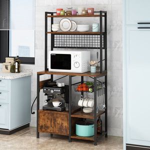 6-Layer Double-Door Cabinet 10 S Hooks Retro B <b>Microwave</b> Oven <b>Rack</b> Particleboard Triamine Paste 80*40*170cm Kitchen Storage - Product Image 4