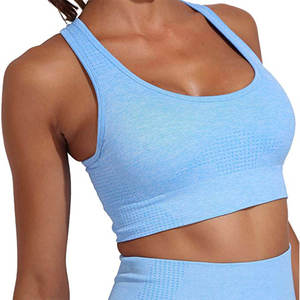 Ensemble de yoga 2 pièces bleu clair pour femme, dos nageur, col rond, sans couture, legging taille haute, crop top, tenue de sport unie pleine longueur - Product Image 2