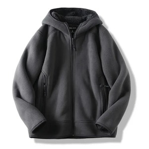<b>Men's</b> Hooded <b>Fleece</b> Jacket Solid Color Breathable Zipper Closure Windproof Casual Winter Wear Regular Fit Polyester Shell <b>Sherpa</b> - Product Image 1