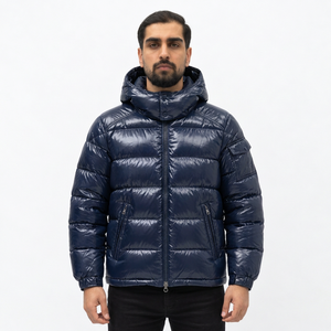 Men's <b>Navy</b> <b>Blue</b> Hooded Puffer <b>Jacket</b> Breathable Front Windproof Zipper Closure Regular Length Polyester Filled Casual Winter - Product Image 1