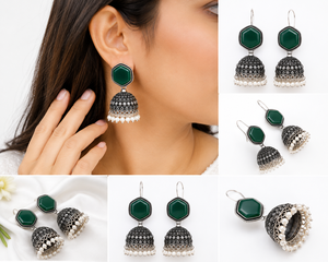 Green Onyx Stone Brass Oxidized <b>Silver</b> Jhumka Drop Ethnic Bohemia <b>Dangle</b> <b>Earrings</b> Handmade Pearl Women Wholesale Jewelry - Product Image 2