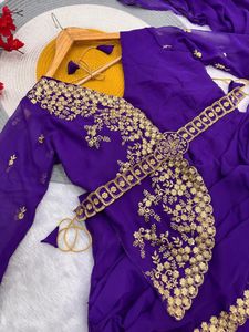 Lehenga Saree de Georgette Sintética para Mujer con Bordado Intenso |   Sari Indo Occidental para Fiesta, Largo hasta el Suelo, Sin Arrugas, para Verano e Invierno - Product Image 4