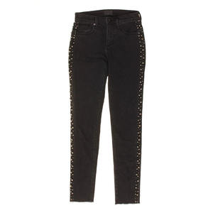Jeans ajustados negros para mujer con adornos laterales elegantes y dobladillo sin rematar, de cintura alta, elásticos, de mezclilla perlada. - Product Image 5