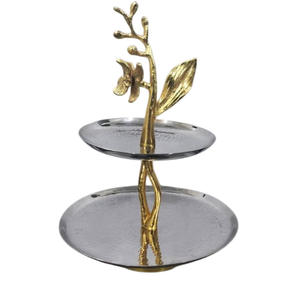 Modern Design 2 <b>Tier</b> Gold Metal <b>Cake</b> Stand With Lotus Leaf & Plum Blossom Design Style For Parties & Home Decor Factory Price - Product Image 2