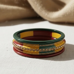 <b>Indian</b> Manufactured Tricolor Lac <b>Bangles</b> with Gold Rhinestones Set of 2 Elegant Traditional Jewelry for Women Available For Sale - Product Image 6