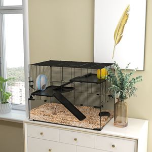 "Modern 31" Glass Basin Gerbil Cage with Ramps Platforms <b>Exercise</b> <b>Wheel</b> & Hut Black for Medium Hamsters Breeding" - Product Image 2