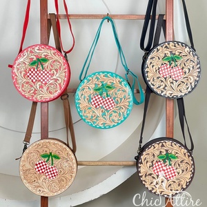 Hand Tooled Floral Round Crossbody Handbags Genuine Leather Checkered Cherry Design Evening Shoulder <b>Bags</b> for Daily Use <b>Bag</b> - Product Image 1