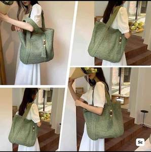 Custom Luxury Handwoven <b>Straw</b> Tote <b>Bag</b> Green Raffia Mesh Beach <b>Bag</b> with Tassel Wooden Beads Large Summer Resort Women Handbag - Product Image 2