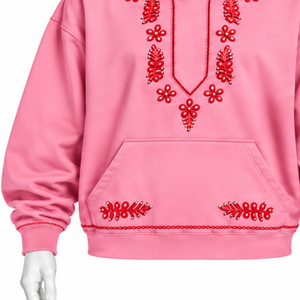 <b>Pink</b> Indus Embroidered Pullover Hoodie Decorative Floral Stitch Kangaroo Pocket Oversized Casual Streetwear Winter <b>Sweatshirt</b> - Product Image 5