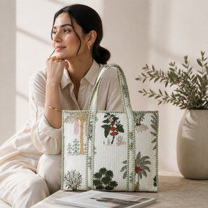 EcoDari Quilted Cotton Canvas Boho Tote <b>Bag</b> Striped Large Capacity Off-<b>White</b> Travel Shoulder Handbag Women Daily Use Maharashtra - Product Image 2