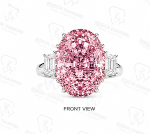 Extraordinary <b>statement</b> <b>ring</b> in platinum finish 18K white gold with fancy pink oval diamond and tapered baguette side diamonds - Product Image 2