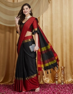 KV Women's Black & <b>Red</b> Cotton Silk Solid Print Saree With Unstitched <b>Blouse</b> - Product Image 6
