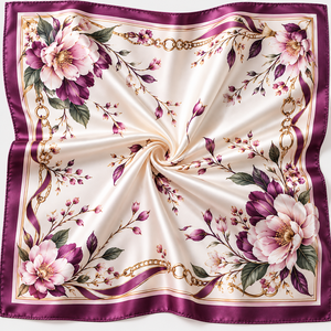 Pañuelo Cuadrado de Seda 100% para Mujer, Estampado Floral, Fondo Rosa, Borde Morado, Accesorio de Moda de Lujo, PREGO INDUSTRIES - Product Image 3