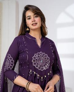 <b>Women</b>’s Purple Anarkali <b>Kurta</b> Set with Dupatta Embroidered Ethnic Wear for Festive Wedding Party and Traditional Occasions - Product Image 3