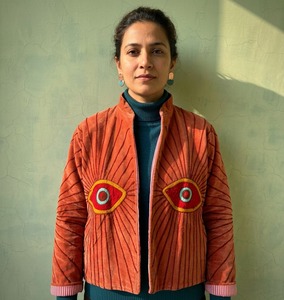 Women's Orange Velvet Bomber Jacket With Embroidered Eye Motif Stand Collar Full Sleeve Autumn Wear Handmade <b>Coat</b> Embroidered - Product Image 3