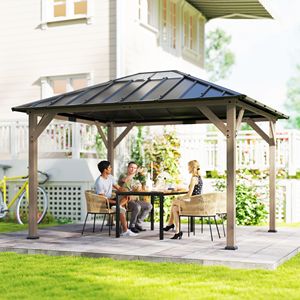 Gazebo con Tetto Rigido in Noce Chiaro 10x12, UPF50+, Padiglione Permanente in Legno, Tetto in Acciaio Zincato, Pergola con Tetto Trasparente - Product Image 2