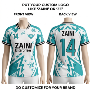 Camiseta de Fútbol Unisex de Poliéster Interlock Premium de 160 GSM, Transpirable, Corta, de Verano, Blanca con Paneles Teal, Diseño Personalizado con Impresión Digital - Product Image 1