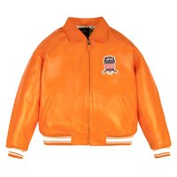 Blouson Bomber Homme Avirex en Cuir de Vachette Orange Imperméable avec Fermeture Éclair, Patch Brodé, Col Rond, Style Décontracté Urbain Hiver