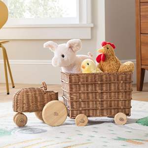 Tracteur et benne de transport artisanaux en rotin naturel pour enfants, véhicule de ferme tressé avec roues en bois roulantes pour les enfants - Product Image 3