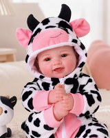 Poupée Reborn Fille Babeside Mia 17 Pouces Souriante avec Yeux Ouverts, Corps en Tissu, Barboteuse à Capuche Imprimé Vache