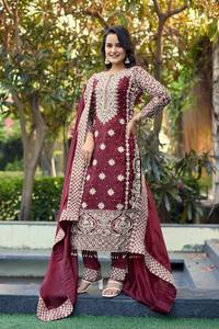Indian Women Party Wear Maroon Silk Embroidered Sharara Set With Dupatta For Women Traditional Wedding Wear India Pakistan Style - Product Image 1