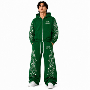 Sweat à capuche zippé intégral et pantalon de jogging ample à jambe large pour hommes et femmes, 100% coton premium, vert forêt, avec motif étoile et flamme en strass cristal - Product Image 1