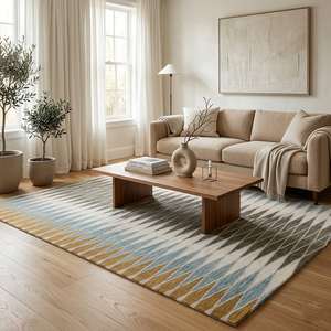 Tapis en laine tufté à la main Coastal Mirage Bleu Olive Moutarde, motif géométrique diamanté dégradé moderne, antidérapant, écologique, à poils épais - Product Image 3