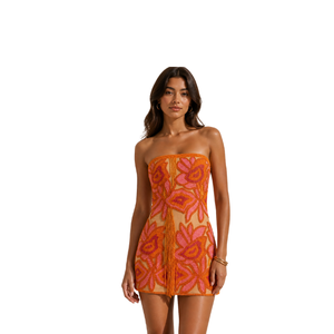 Robe longue maxi sans manches à col carré pour femme, motif floral brodé à la main en coton, ornée de perles et de palmiers – Grande Vente - Product Image 3
