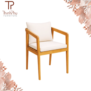 Fauteuil en bois ThinhPhu, dossier solide, coussin beige, design scandinave, mobilier d'extérieur, pieds coniques, siège confortable - Product Image 5