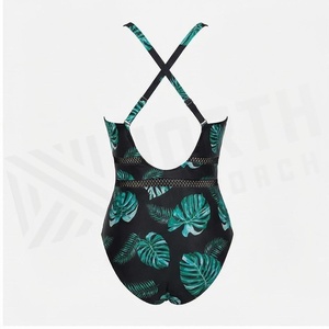 Traje de baño de una pieza para mujer con cuello en V profundo, estampado de hojas tropicales, detalle de malla, traje de baño elástico - Product Image 3