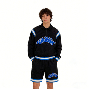 Conjunto Deportivo Informal para Hombre de Alta Calidad, Color Negro con Rayas Azules y Blancas, Chaqueta con Cierre Frontal y Pantalones Cortos, para Verano - Product Image 1