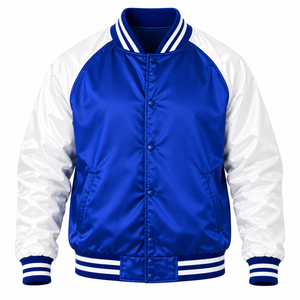 Chaqueta Varsity Azul Rey y Blanca para Hombre, con Cierre de Botones a Presión, Cuello y Puños Acanalados a Rayas, Chaqueta Bomber de Béisbol, Estilo Casual - Product Image 3
