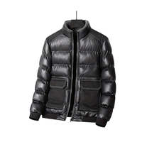 Veste matelassée en PU noire pour homme, col montant, fermeture éclair, coupe-vent, vêtement d'hiver décontracté, épaisse, longueur standard