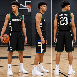 Ensemble de maillot de basket-ball sans manches à col en V noir et vert pour homme, en maille respirante, imprimé géométrique sublimé - Product Image 5