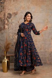 Traje Anarkali de Algodón de Secado Rápido Azul Marino para Mujer con Dupatta, Corte Regular Tradicional, Largo hasta la Rodilla, Ropa Casual para Todas las Temporadas - Product Image 5