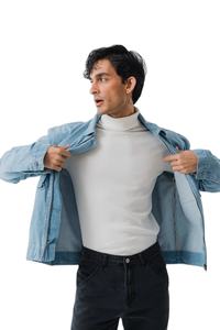 <b>Light</b> Blue Denim Zip Up Jacket for Men Premium Cotton Long Sleeve Outerwear with Dual Chest Pockets Fashion Casual Workwear - Product Image 3
