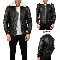 Blouson aviateur en cuir véritable noir pour homme, col en peau de mouton blanche, fermeture éclair intégrale, vêtement d'extérieur haut de gamme pour l'hiver