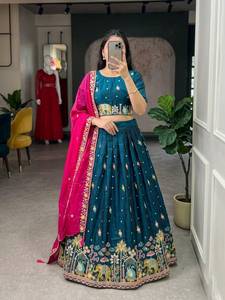 Lehenga de seda con bordado intrincado y detalles de elefantes y pavo real con hilo dorado, completamente cosido, listo para usar. - Product Image 2