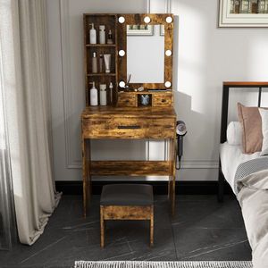 Compact Adjustable LED Light <b>Vanity</b> Table with Power Outlet and Hairdryer Holder Stool for Small Spaces-<b>Makeup</b> <b>Vanities</b> - Product Image 2