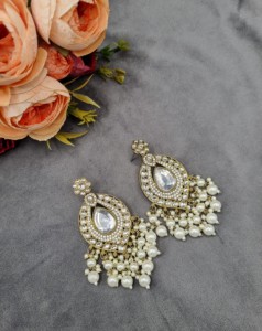 Handcrafted Tear Drop Antique <b>Gold</b> Plated Faux Gemstone Pearl Cluster <b>Dangle</b> <b>Earrings</b> For Women Reception Party Wear Collections - Product Image 2