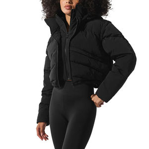 Women's Black Quilted Puffer Jacket Full Sleeve Stand Collar Zipper Closure <b>Thick</b> Polyester Wadding <b>Winter</b> <b>Coat</b> Short Length - Product Image 1