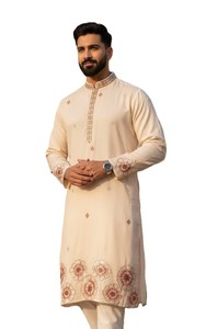 Ensemble Kurta en soie brodée crème pour homme avec motif floral, coupe classique, longueur cheville, tenue traditionnelle indienne pakistanaise pour mariage - Product Image 2