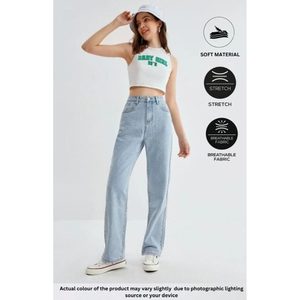 กางเกงยีนส์เดนิมสีฟ้าอ่อนทรงขากว้างแบบเอวสูงสไตล์สตรีท  รักษ์โลก  ไซส์ 26-40 - Product Image 4