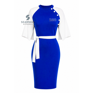 Vestido midi ajustado de mujer Zeta Phi Beta con bloques de color en contraste azul y blanco, manga tipo capa, detalle de botones y lazo en la cintura - Product Image 1