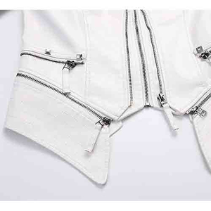 Chaqueta de Moto de Cuero PU Blanca para Mujer, Cuello Alto, Manga Larga, Decoración con Remaches, Cierre de Cremallera, Color Sólido, Estilo Biker, Ropa de Otoño - Product Image 2