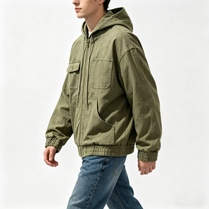 Chaqueta con Capucha y Cierre para Hombre, Color Verde Oliva, Corte Holgado, Diseño Casual con Bolsillos, Estilo Otoñal - Product Image 4
